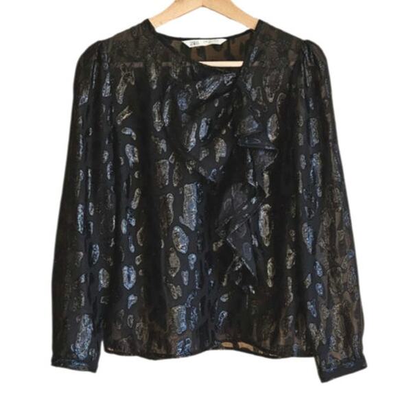Zara Blouse Ruffles Front Animal Print Semi Sheer Black Women's Size Medium - Picture 1 of 9
